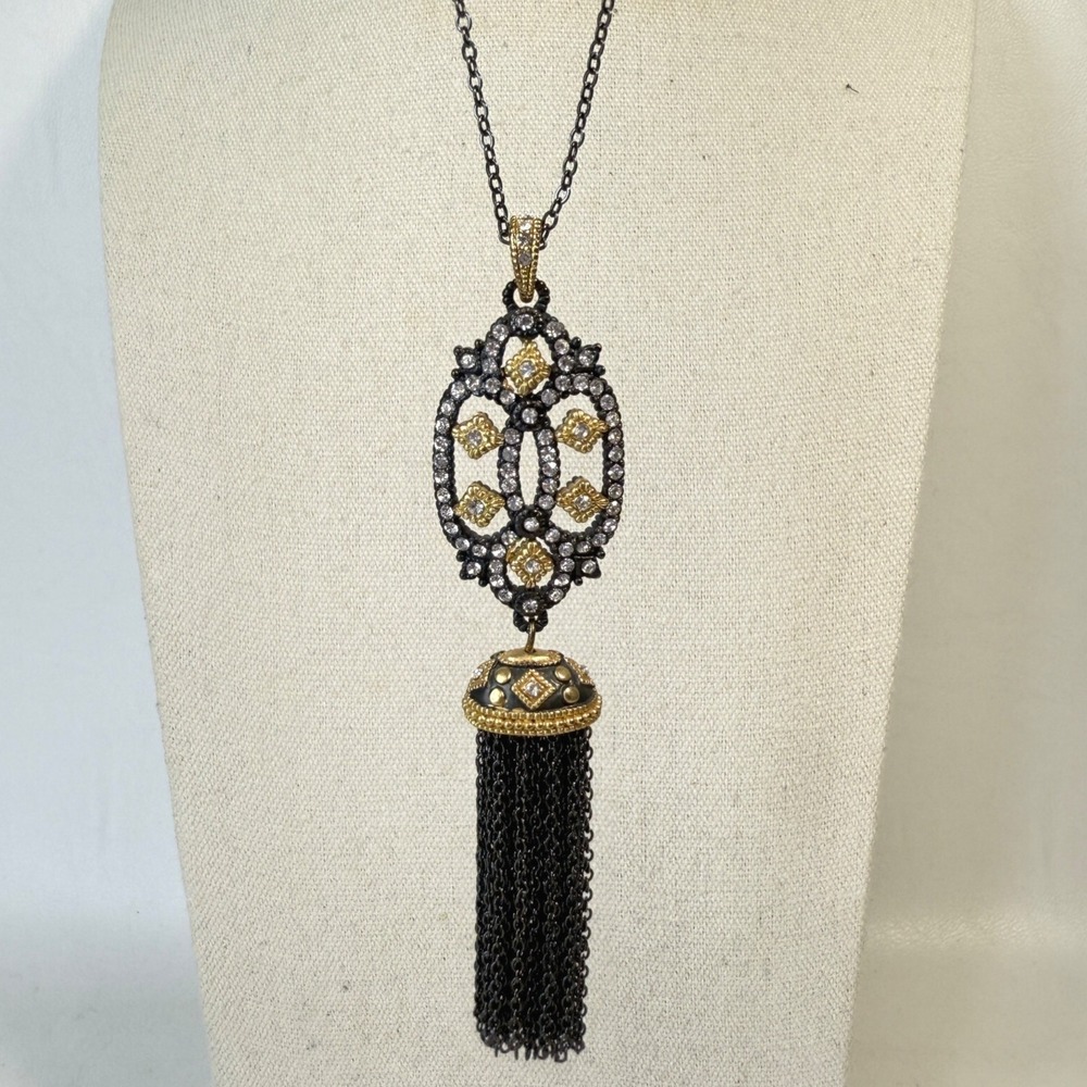 Long Tassel Pendant Necklace Gold-Tone‎ Black Whimsigoth Goth Layering